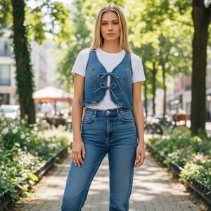 Wild‎ Fable Denim Tie Front Corset Top Womens Medium Blue Jean Crop Vest Y2K
